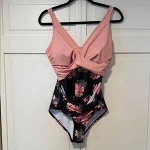 SMISMIVO tummy control light Pink & Black Floral Twist-Front One-Piece Bodysuit